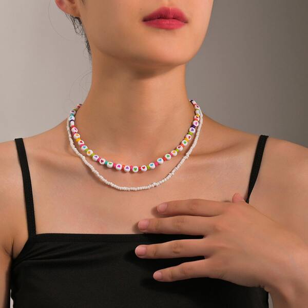

2pcs Simple Beaded Necklace, Multicolor