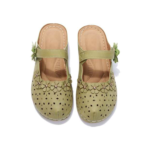 

Floral Appliques Velcro Strap Wedge Sandals, Green