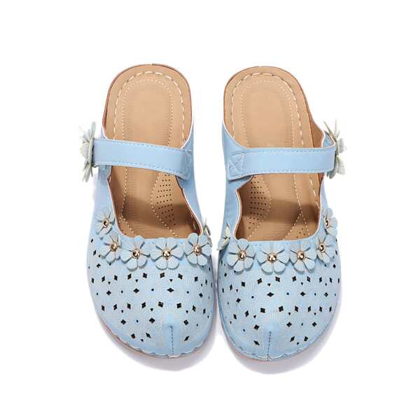 

Floral Appliques Velcro Strap Wedge Sandals, Blue