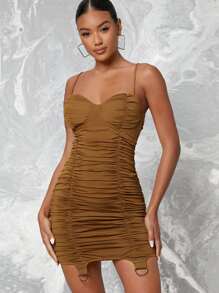 Ruched Cami Bodycon Mini Dress - Mocha Brown - View 1