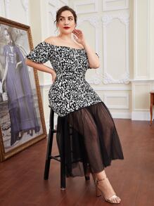 Mulvari Plus Leopard Print Off Shoulder Mesh Hem Dress - Black and White - View 1
