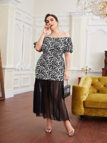 Mulvari Plus Leopard Print Off Shoulder Mesh Hem Dress - Black and White - View 2