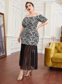 Mulvari Plus Leopard Print Off Shoulder Mesh Hem Dress - Black and White - View 5