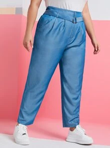 Mulvari Plus Slant Pocket Fold Pleated Belted Pants - Blue - View 1