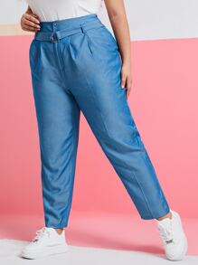 Mulvari Plus Slant Pocket Fold Pleated Belted Pants - Blue - View 3
