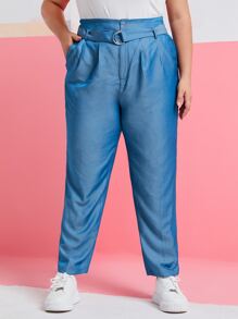 Mulvari Plus Slant Pocket Fold Pleated Belted Pants - Blue - View 4