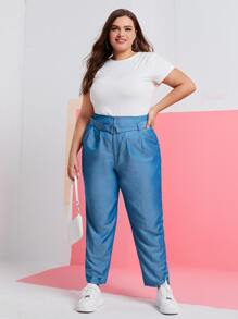 Mulvari Plus Slant Pocket Fold Pleated Belted Pants - Blue - View 5