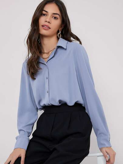 BizChic Camisa de manga larga con drapeado de unicolor para mujer, estilo básico urbano y de commute, moda simple y elegante para uso casual en la oficina, adecuada para maestras y uso en la oficina