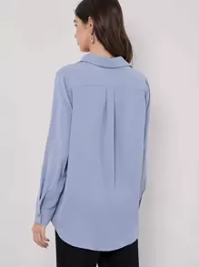 BizChic Blusa de drapeado de manga larga con solapa de unicolor para mujer, estilo urbano básico, elegante y simple, de moda, casual, adecuada para maestros y uso en la oficina - Azul - Ver 2
