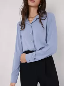 BizChic Blusa de drapeado de manga larga con solapa de unicolor para mujer, estilo urbano básico, elegante y simple, de moda, casual, adecuada para maestros y uso en la oficina - Azul - Ver 3
