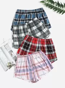 4 Pack Tartan Print Pajama Sleep Shorts, Summer Clothes, Fall Winter Clothes - Multicolor - View 1
