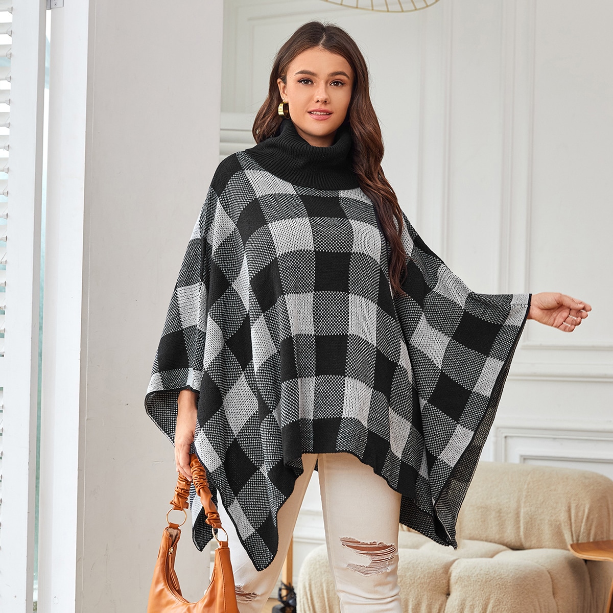 размера плюс Пончо в клетку с высоким воротником вязаный