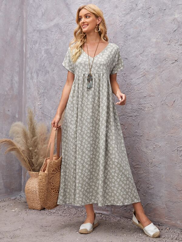 EMERY ROSE Ditsy Floral Print V Neck Hidden Pocket Dress