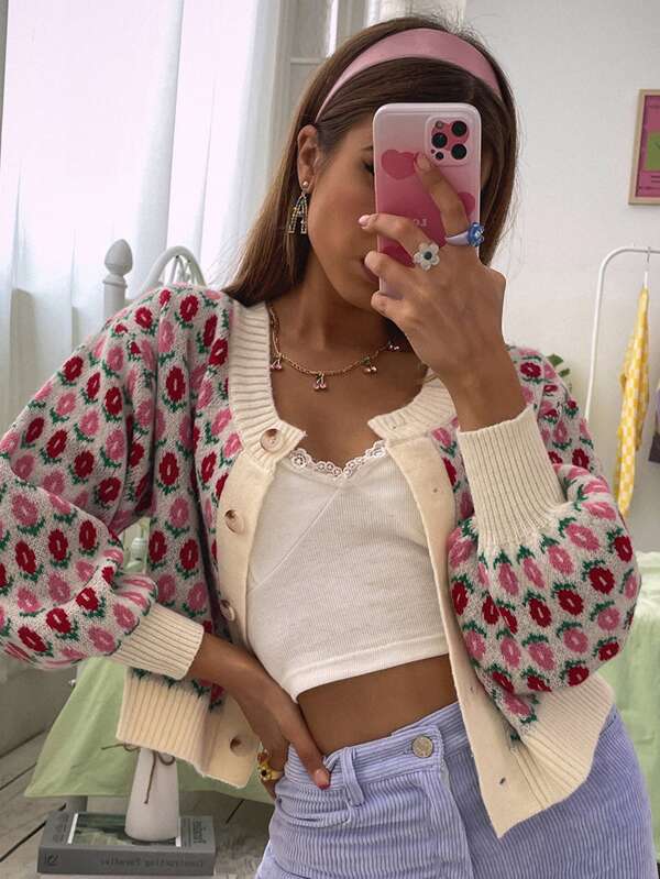 SHEIN Unity Flower Pattern Drop Shoulder Cardigan,Long Sleeve Tops