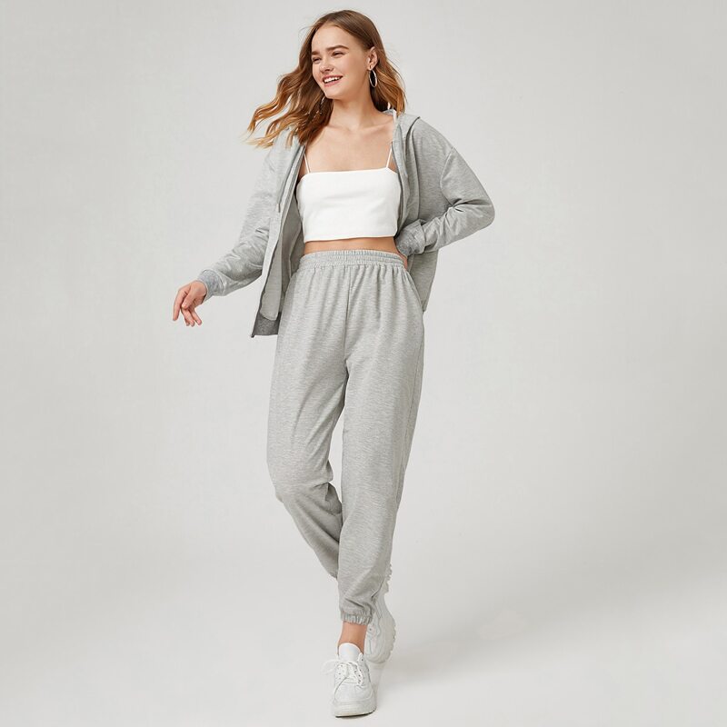 Solid Zip Up Hoodie & Sweatpants, Light grey