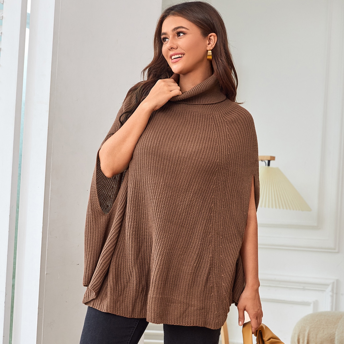 размера плюс Пончо с высоким воротником вязаный