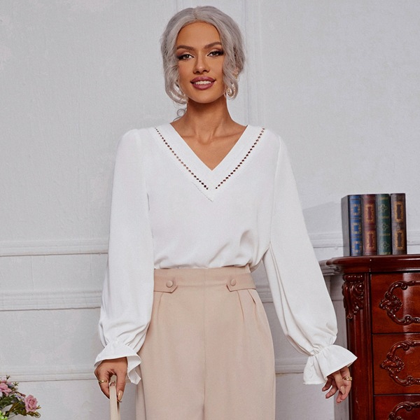 

V Neck Perforated Detail Flounce Sleeve Top, White