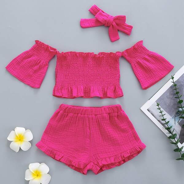 

Toddler Girls Bardot Flounce Sleeve Shirred Top & Shorts & Headband, Hot pink