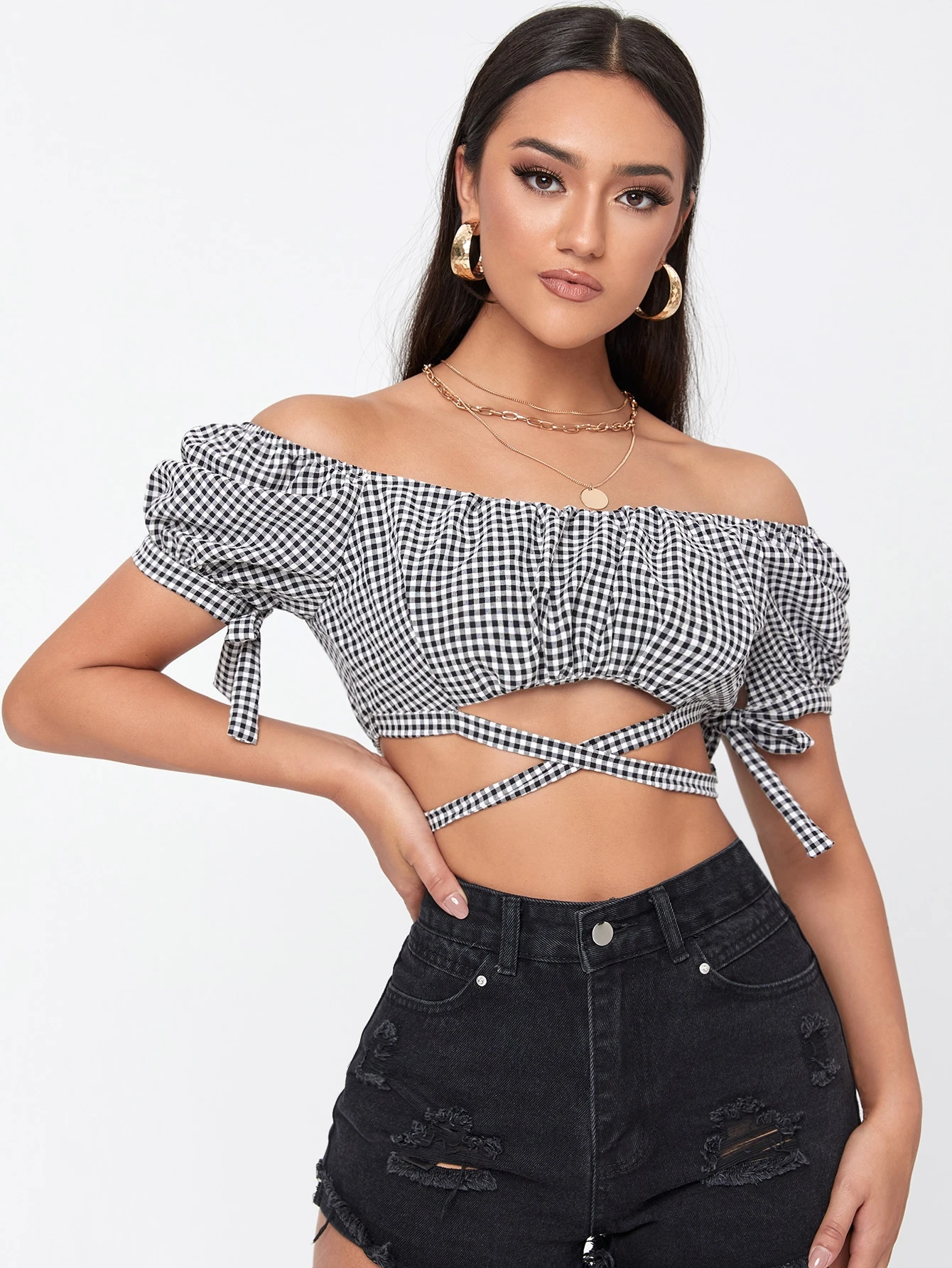 gingham off the shoulder crop top