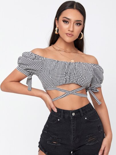 SHEIN Unity 格子圖案一字肩十字交叉後綁帶短款上衣
