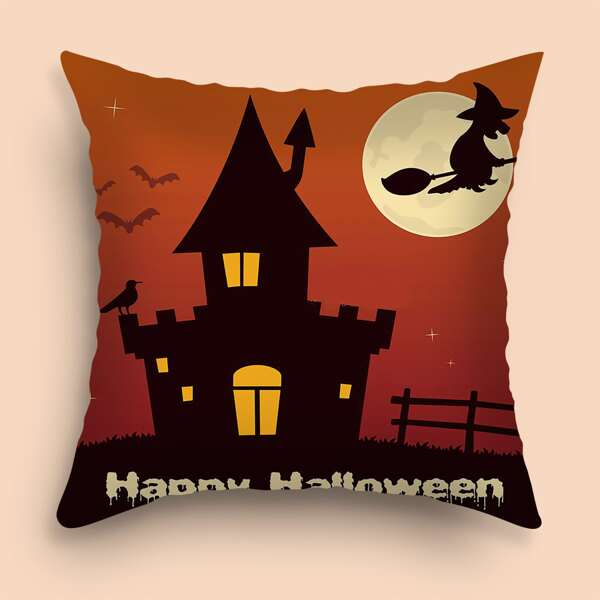

Halloween Castle Print Cushion Cover Without Filler, Multicolor