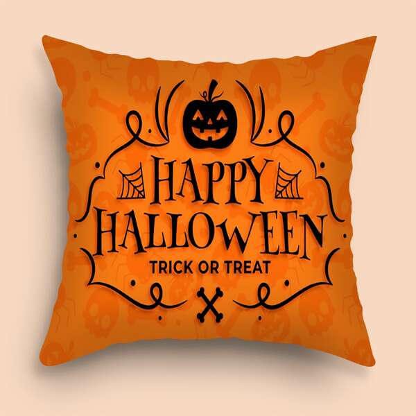 

Halloween Slogan Graphic Cushion Cover Without Filler, Multicolor