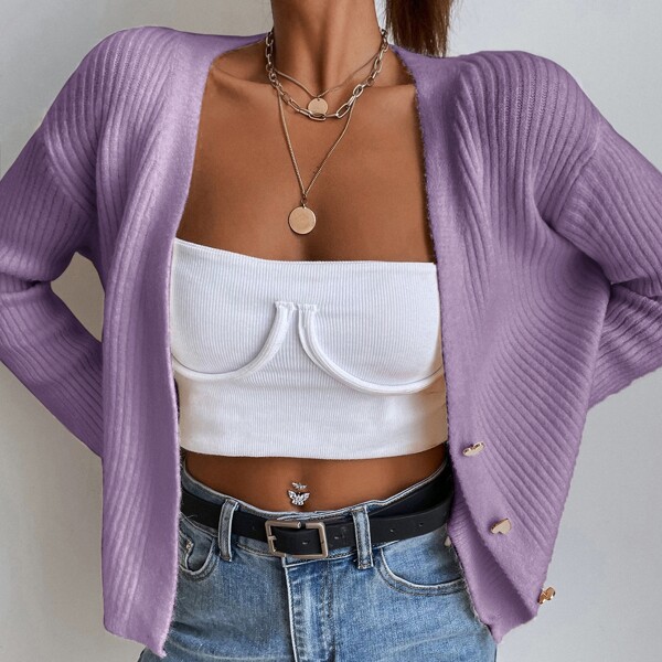

Drop Shoulder Ribbed Knit Cardigan, Lilac purple