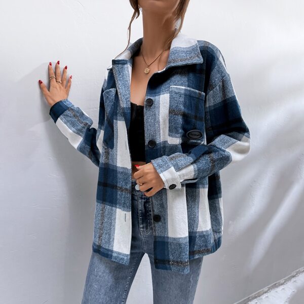 

Plaid Print Drop Shoulder Overcoat, Multicolor