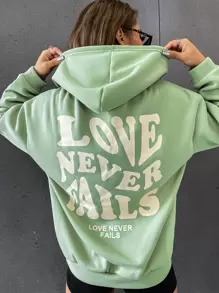 SHEIN EZwear 標語圖案落肩袖抽繩連帽衫 - 薄荷綠 - 查看 1