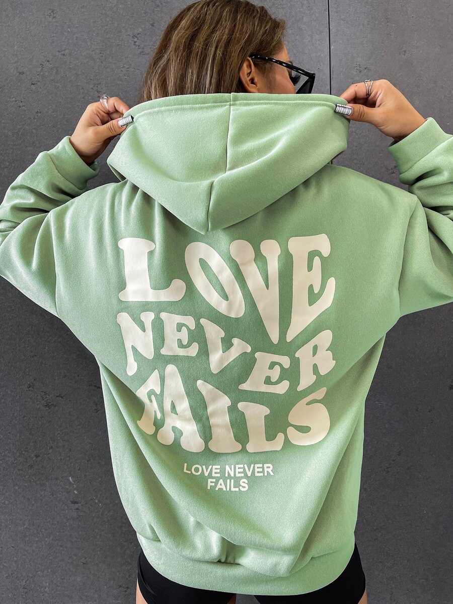 SHEIN EZwear 標語圖案落肩袖抽繩連帽衫 - 薄荷綠 - 查看 1