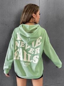 SHEIN EZwear 標語圖案落肩袖抽繩連帽衫 - 薄荷綠 - 查看 2