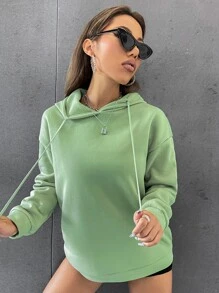 SHEIN EZwear 標語圖案落肩袖抽繩連帽衫 - 薄荷綠 - 查看 5