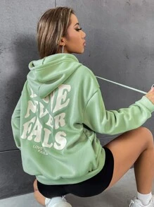 SHEIN EZwear 標語圖案落肩袖抽繩連帽衫 - 薄荷綠 - 查看 3