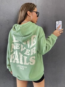 SHEIN EZwear 標語圖案落肩袖抽繩連帽衫 - 薄荷綠 - 查看 4