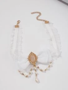 人造珍珠裝飾蝴蝶結網紗頸鏈 - 白色 - 查看 1
