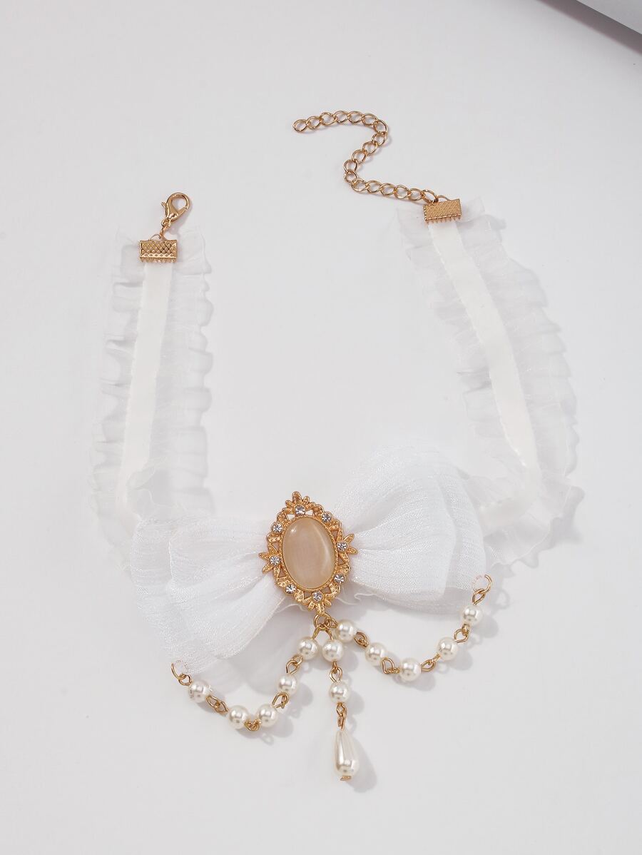 人造珍珠裝飾蝴蝶結網紗頸鏈 - 白色 - 查看 1