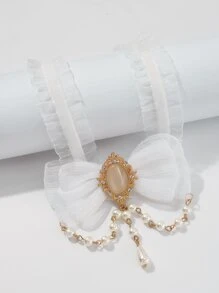 人造珍珠裝飾蝴蝶結網紗頸鏈 - 白色 - 查看 2