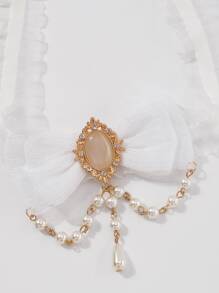 人造珍珠裝飾蝴蝶結網紗頸鏈 - 白色 - 查看 3