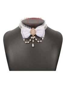 人造珍珠裝飾蝴蝶結網紗頸鏈 - 白色 - 查看 4