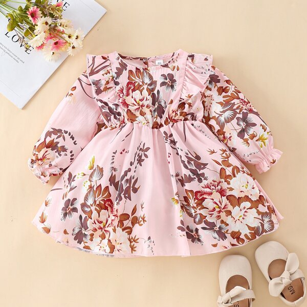 

Baby Girl Plants Print Ruffle Trim Dress, Baby pink