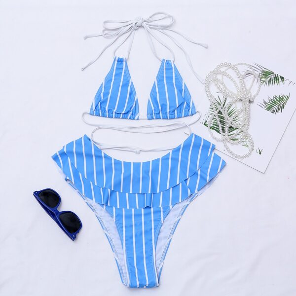

Striped Tiered Layer Halter Bikini Swimsuit, Blue and white