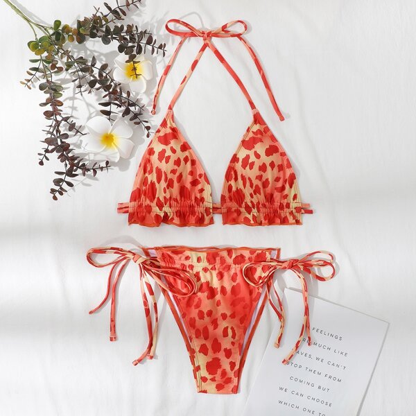 

Allover Print Triangle Tie Side Bikini Swimsuit, Multicolor