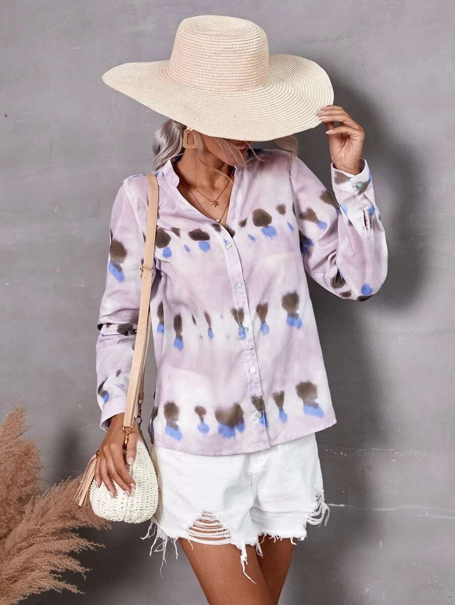 GENKIRA Blusa con estampado de tie dye con botón - Morado - Ver 1