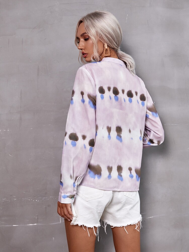 GENKIRA Tie Dye Print Button Up Blouse - Purple - View 2