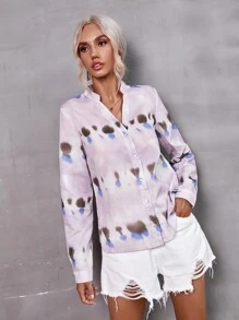 GENKIRA Blusa con estampado de tie dye con botón - Morado - Ver 3