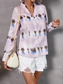 GENKIRA Blusa con estampado de tie dye con botón - Morado - Ver 6