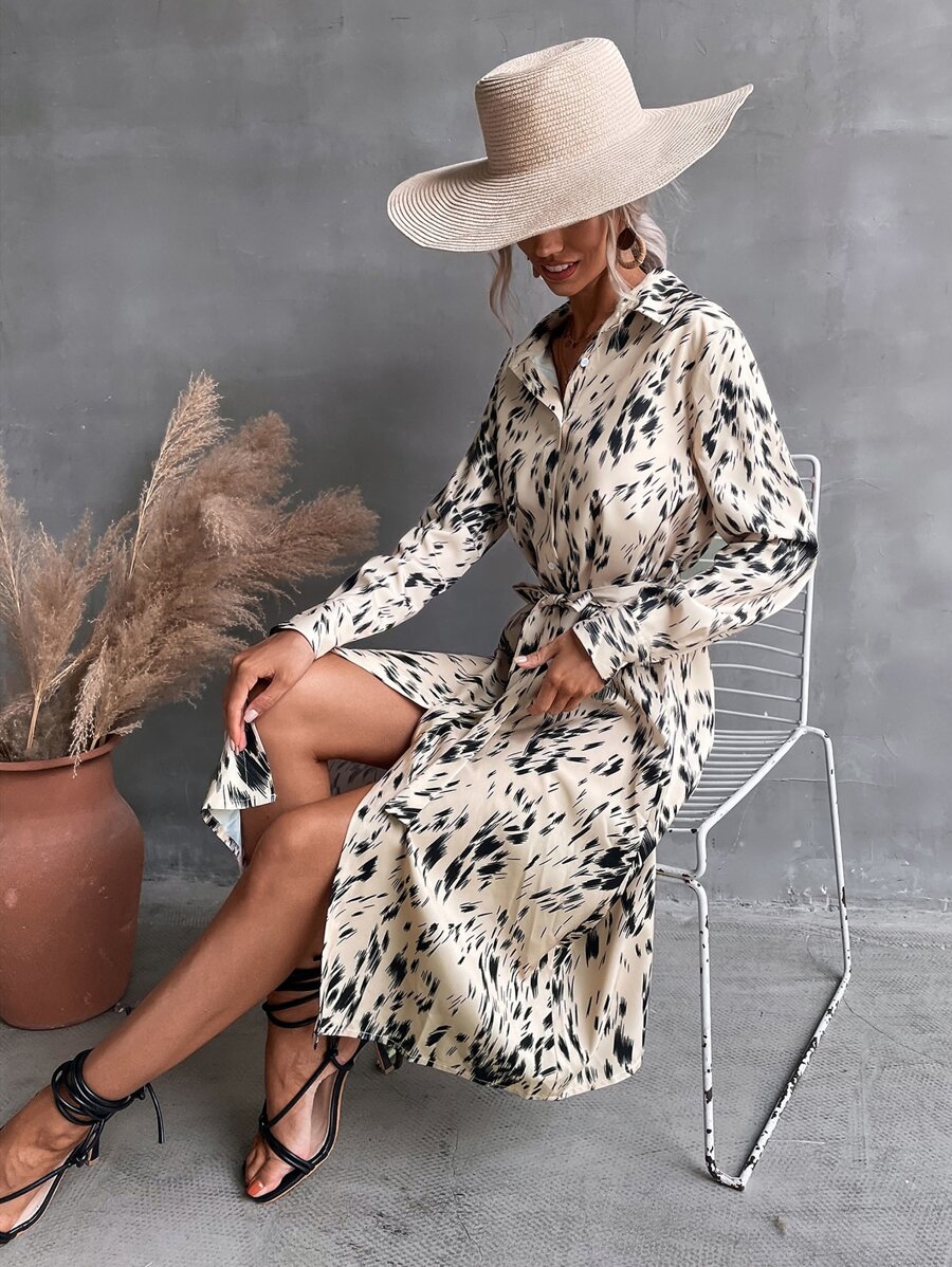 滿版印花腰帶襯衫洋裝 - 彩色 - 查看 1