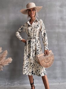 滿版印花腰帶襯衫洋裝 - 彩色 - 查看 3