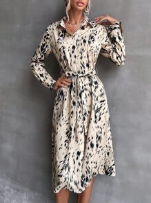 滿版印花腰帶襯衫洋裝 - 彩色 - 查看 5