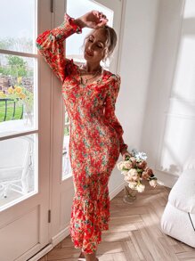Đầm Viên lá sen Dải chun Hoa Tất cả trên in Boho - Nhiều màu - Xem 5